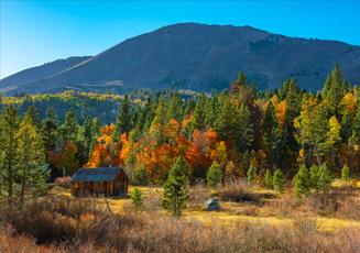 hope valley california log cabin on autumn day with blue skies